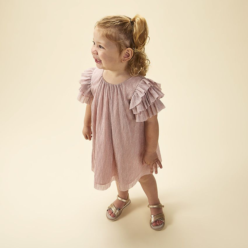 Robe de fête manches courtes brillante effet plissé pour bébé fille - Rose