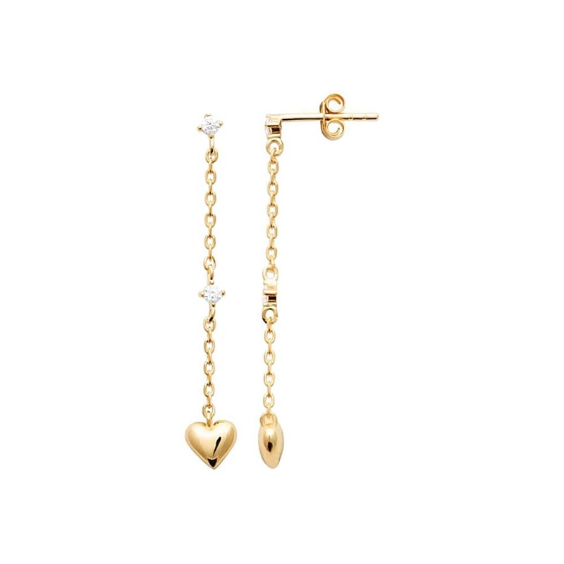 Boucles d'oreilles coeur oxyde de zirconium chaine pendante Plaqué OR 750 3 microns