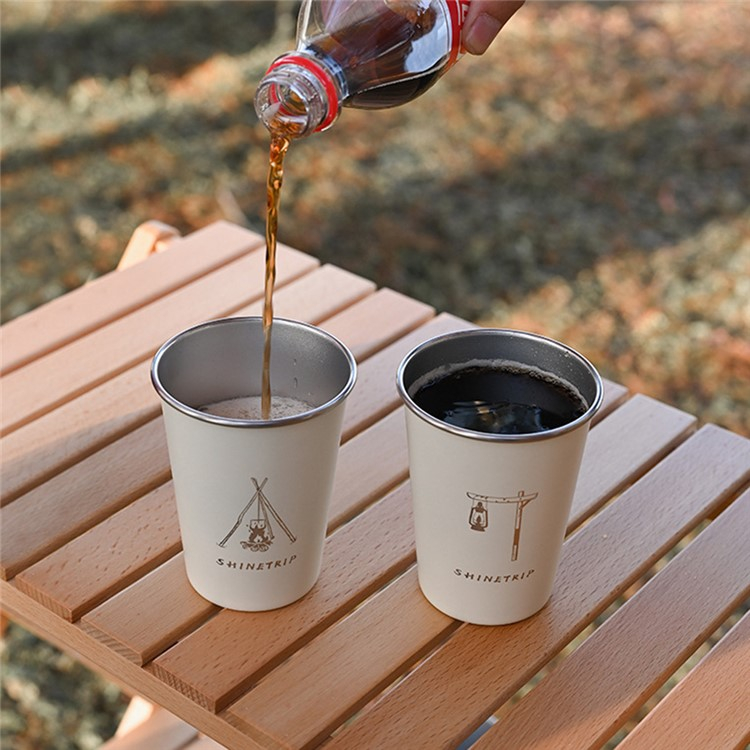 (4er Set) 350ml Edelstahl Becher Camping Tasse inkl. Aufbewahrungstasche - Schwarz / Grün / Silber / Beige
