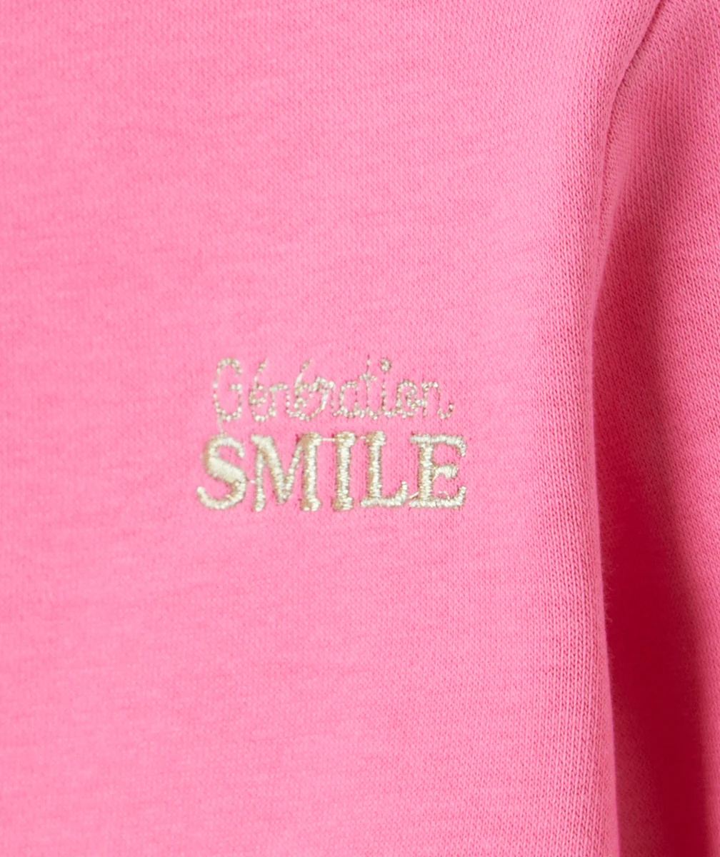 SWEAT MANCHES LONGUES FILLE EN FIBRES RECYCLÉES ROSE AVEC BRODERIES SMILE DORÉES