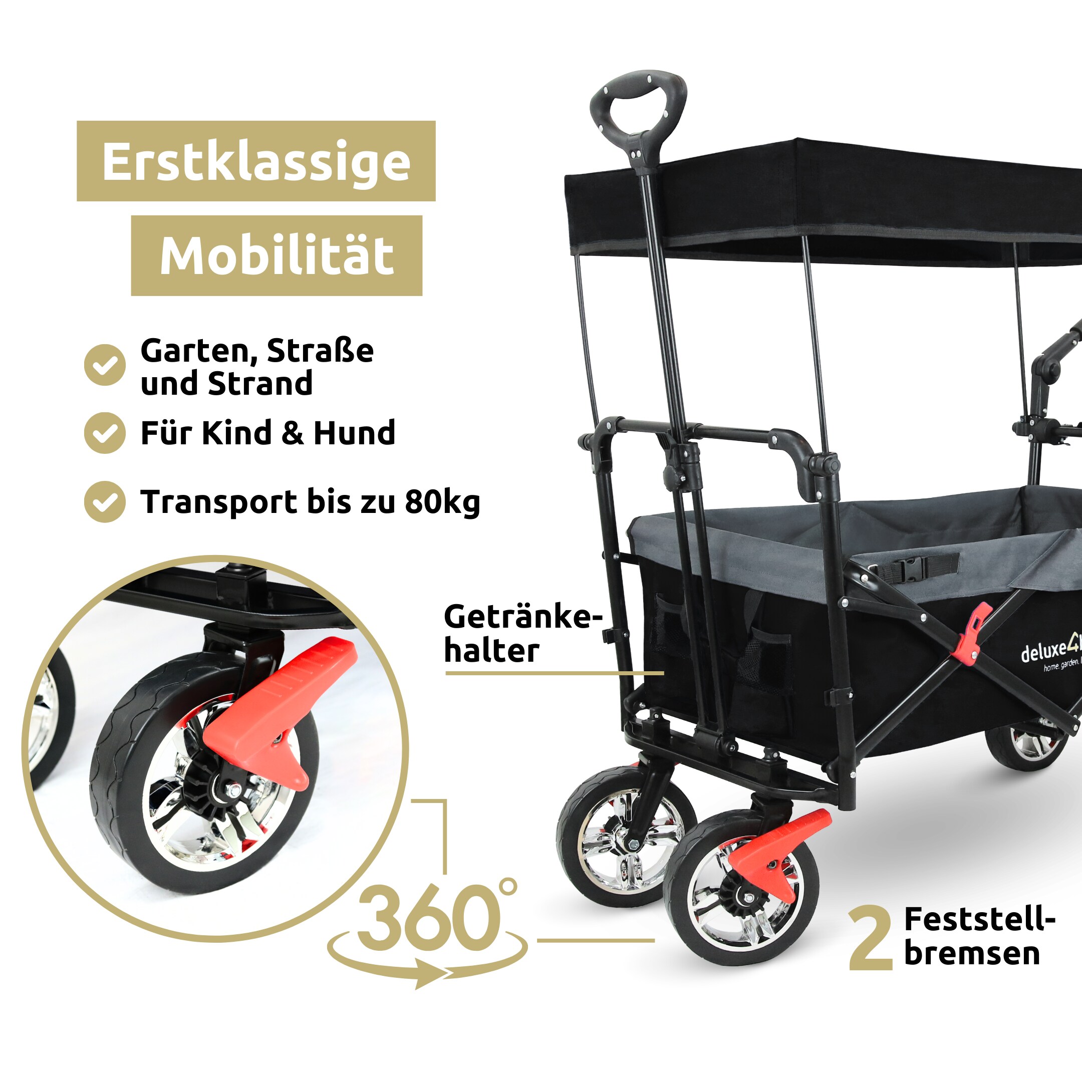 deluxe4home® Bollerwagen | Transportwagen faltbar mit Dach | Schwarz/Grau