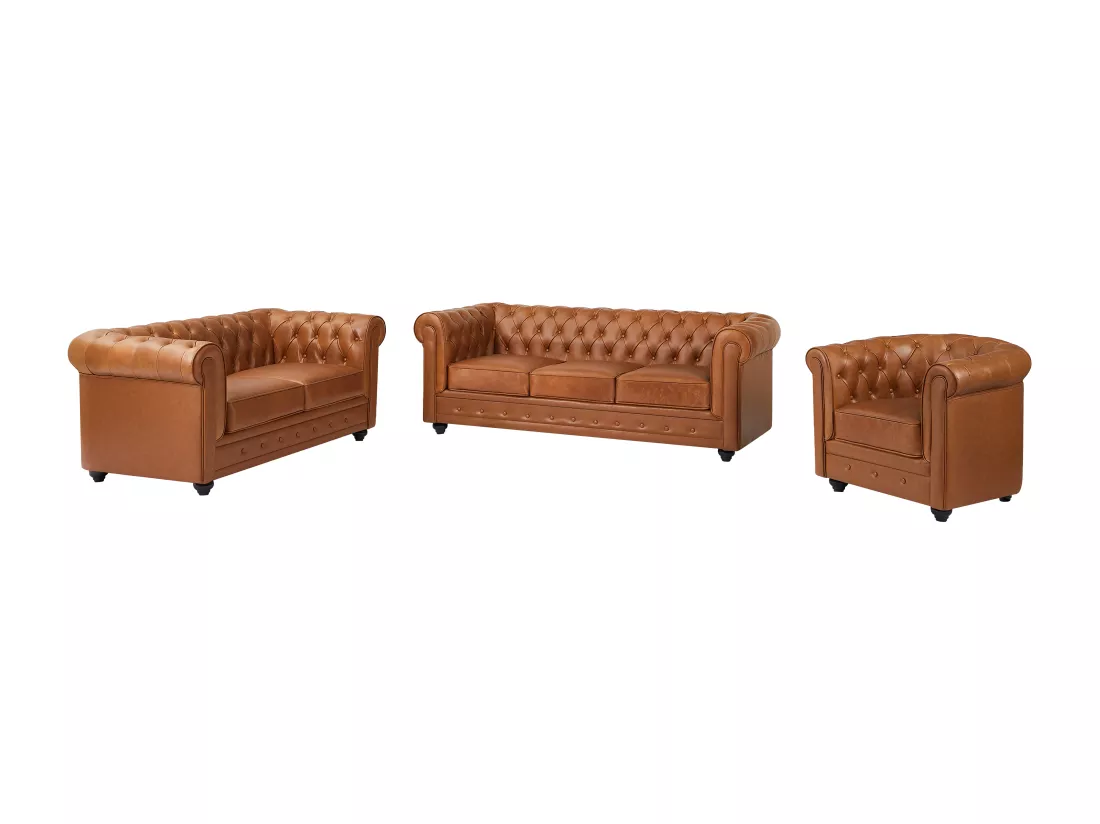 Canapé 3 places, 2 places et fauteuil en cuir de vachette camel CHESTERFIELD