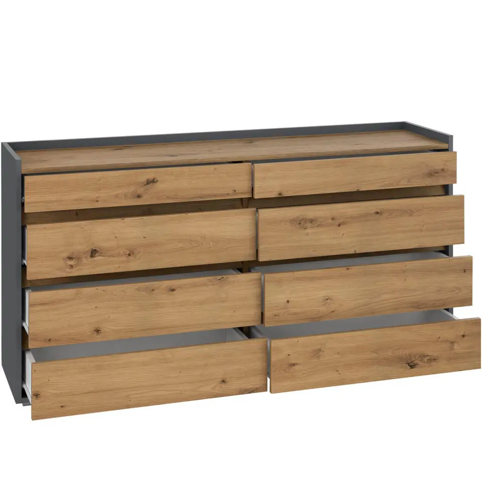 Kosmo - Commode met 8 laden in antraciet eiken spaanplaat