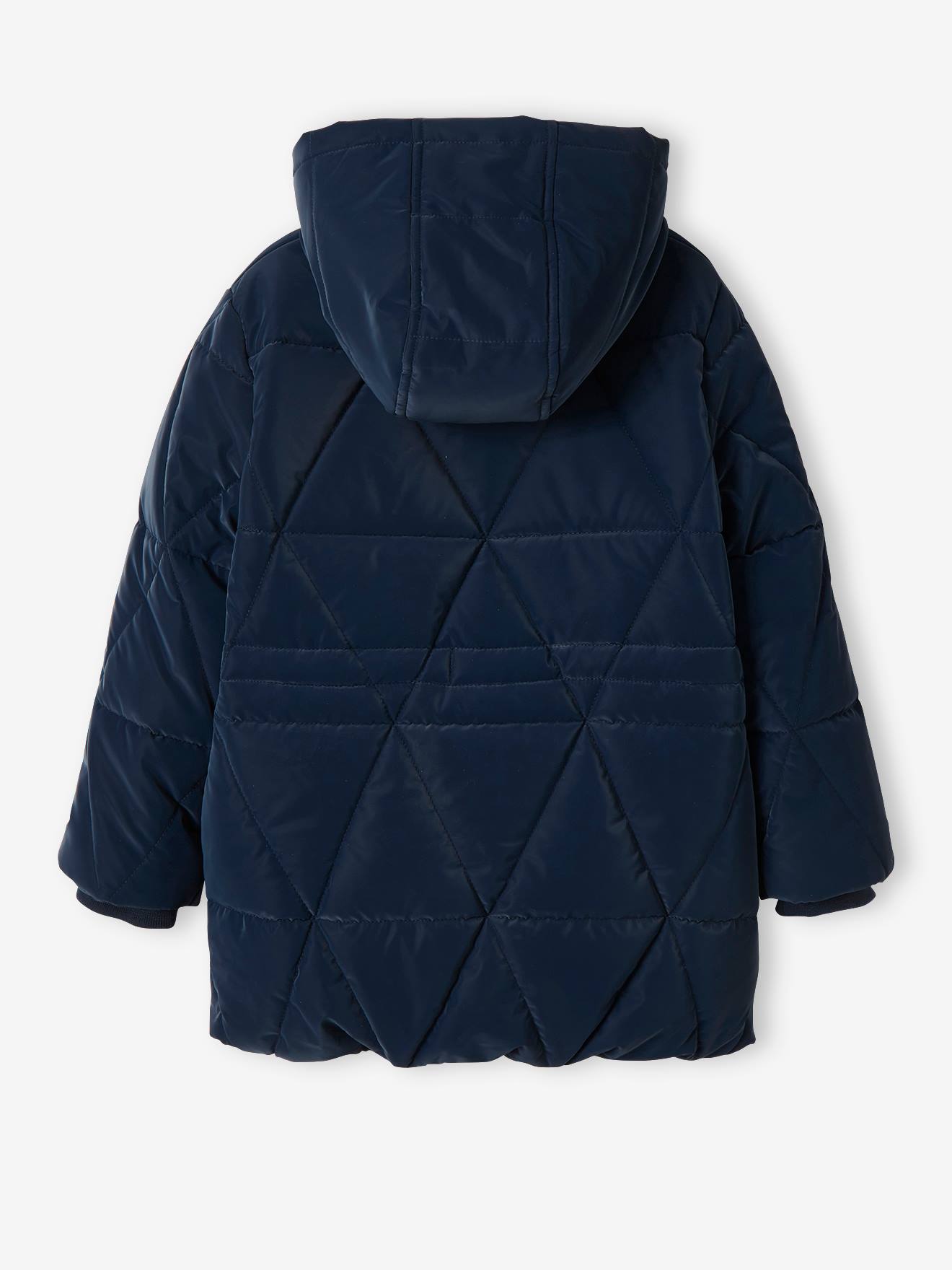 Jaqueta longa acolchoada com capuz e forro de sherpa, estampa azul escura para meninas.
