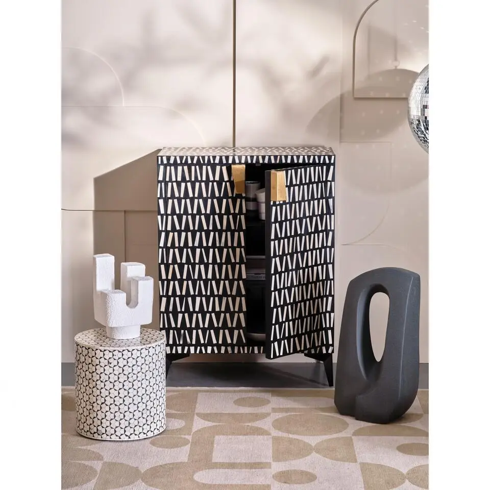 WOOOD Neva Sidetable - Bone Inlay - Zwart/Wit - 40x37x37