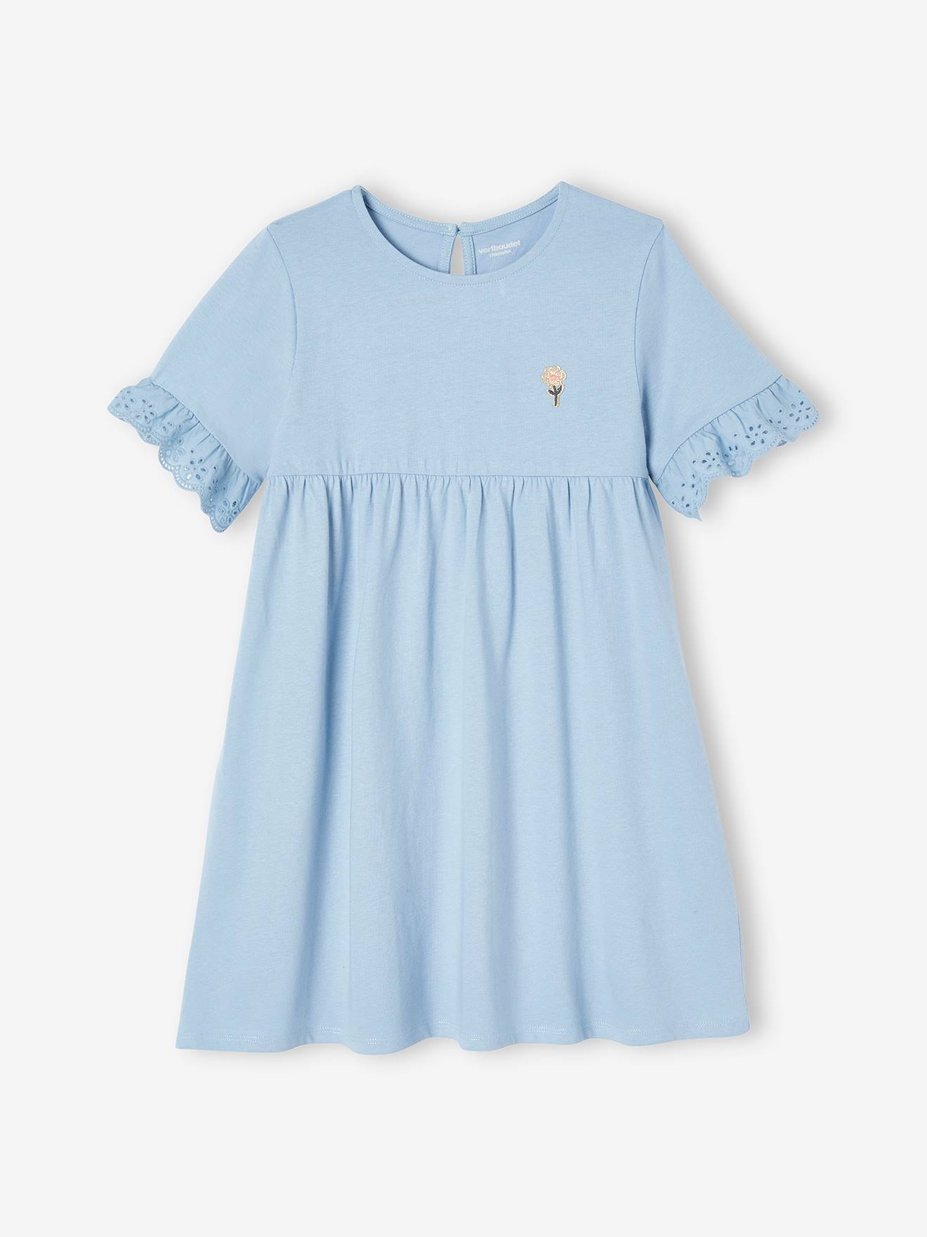 Vestido curto de manga curta com bordado inglês cor pêssego para meninas