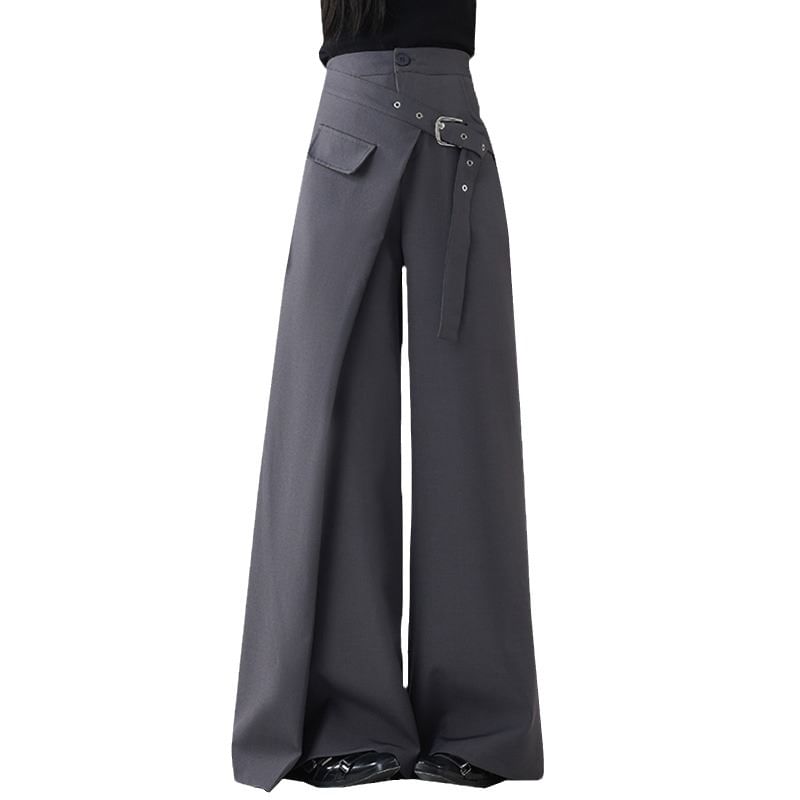 Rosesand - Effen hoge taille asymmetrische wikkelbroek met wijde pijpen