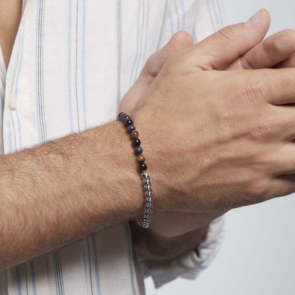 Bracelet Acier Blanc Calum œil De Tigre Onyx Agathe