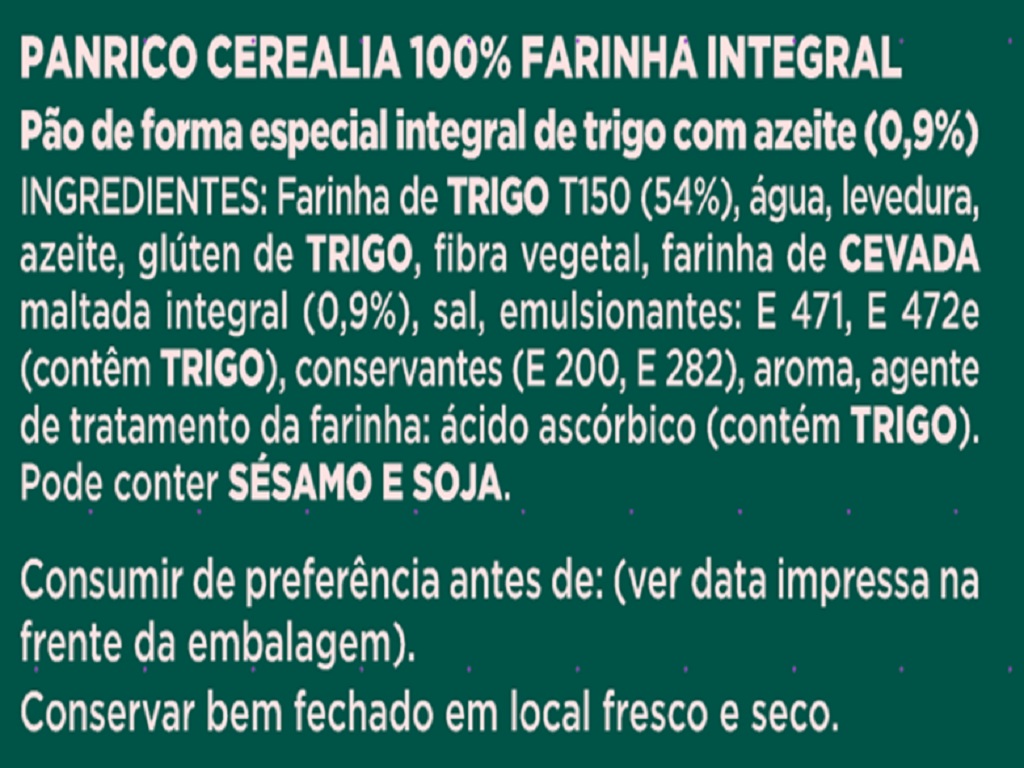 PÃO PANRICO DE FORMA CEREALIA 100% INTEGRAL 385G