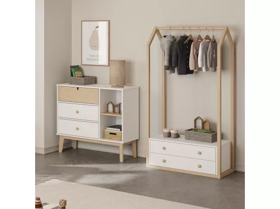 KAINA - Penderie 2 Tiroirs en MDF et Pin Coloris Blanc et Naturel