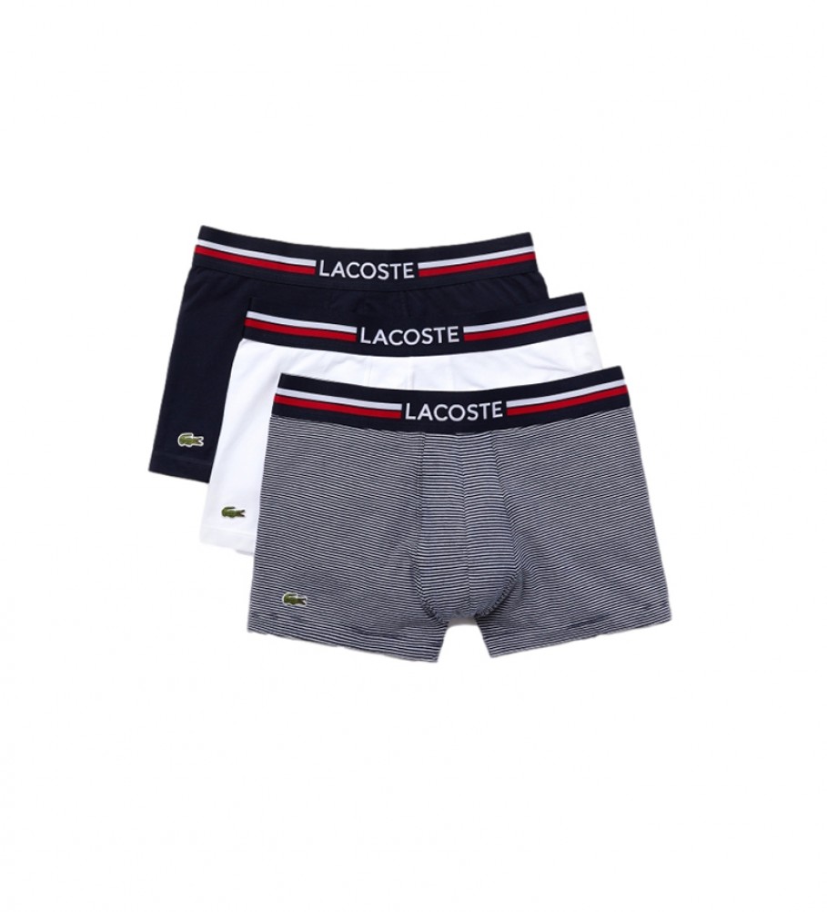 Pacote com 3 cuecas boxer Lacoste Court, azul marinho e branca.