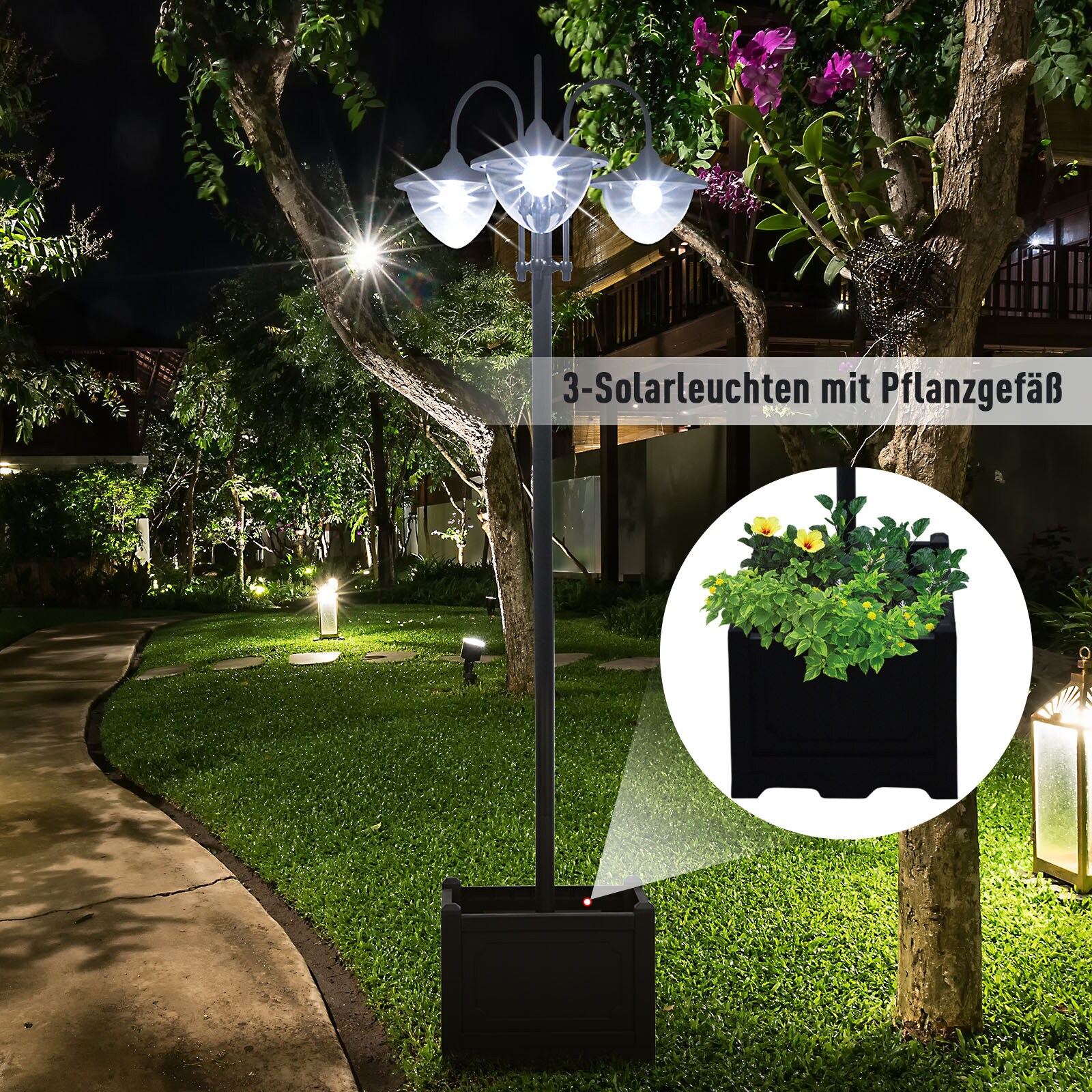 Outsunny Solar-Laterne mit Blumentopf schwarz 60 x 55 x 189 cm (LxBxH)