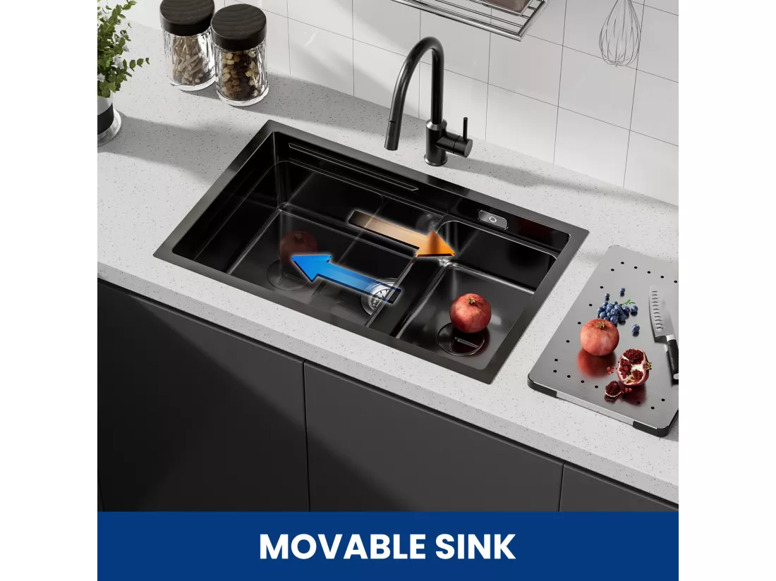 Cecipa MAX Évier Cuisine 1 Bac 70×44×21CM Évier à Encastrer Noir avec Egouttoir et Vasque