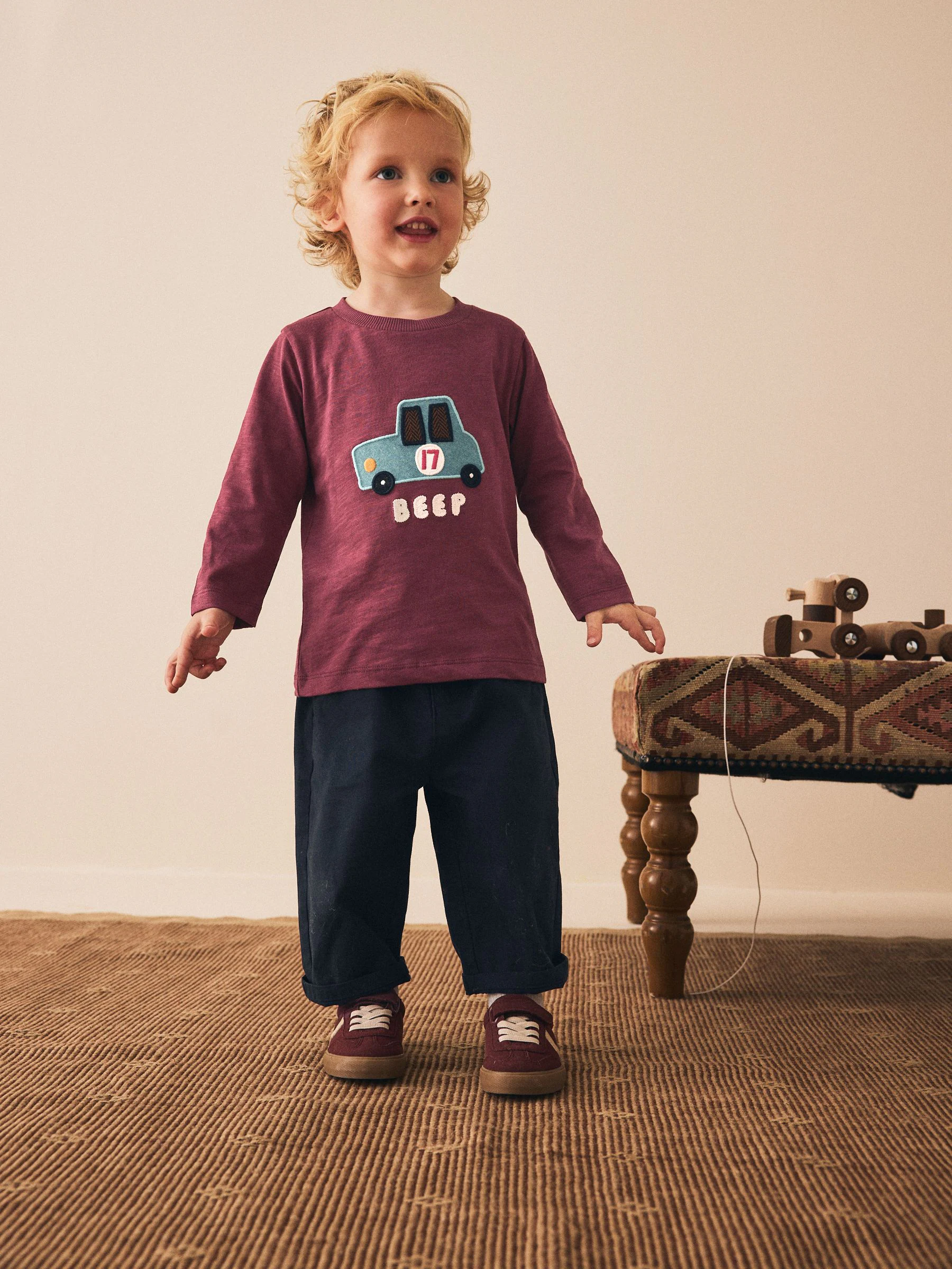 Berry Rood Auto - T-shirt met applicatie en lange mouwen (3 mnd-7 jr)