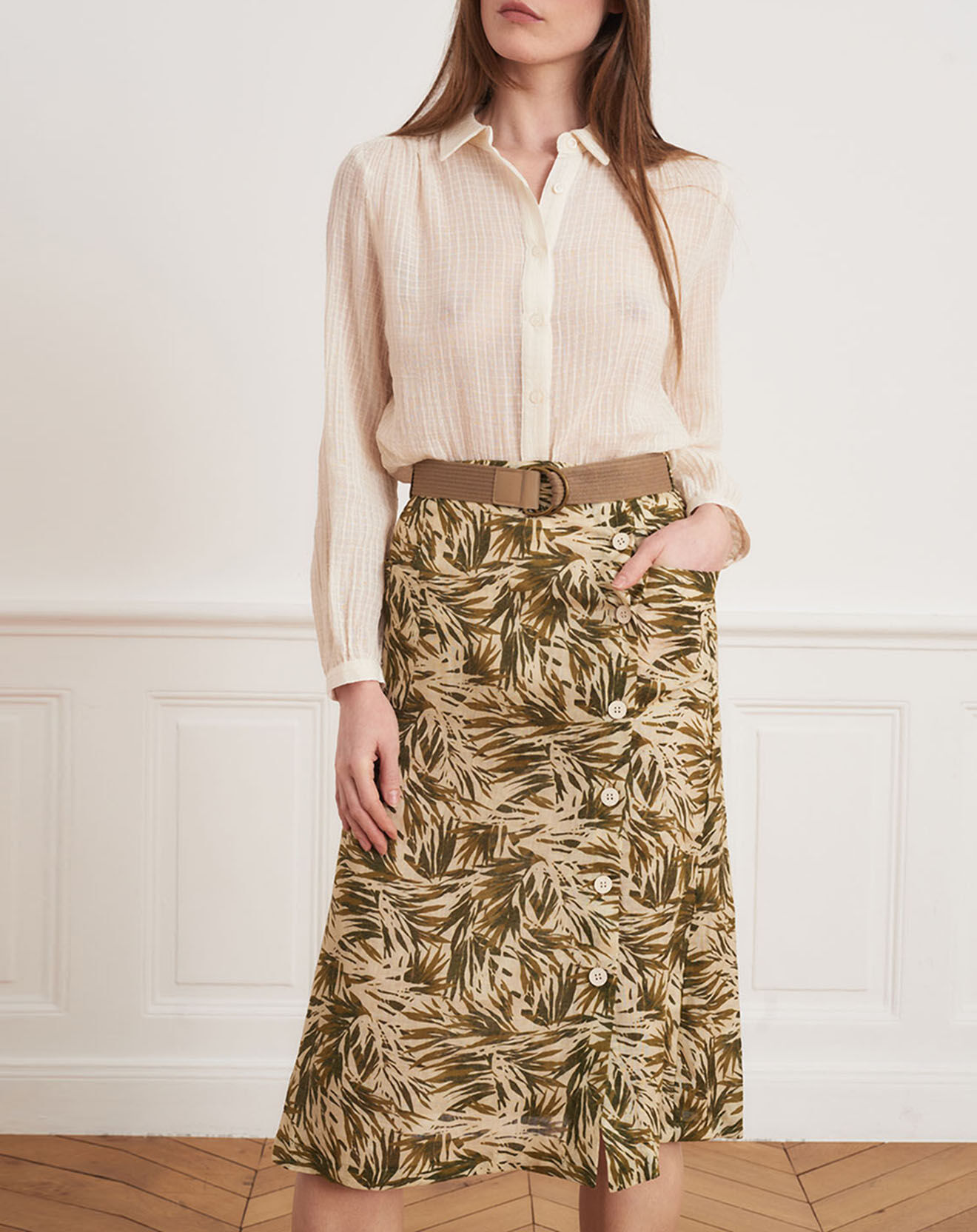 La Petite Francaise Jupe 100% Lin Jana feuillage beige/kaki