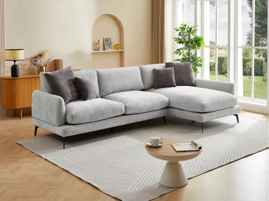 Canapé d'angle droit en tissu texturé gris clair ROCALTA
