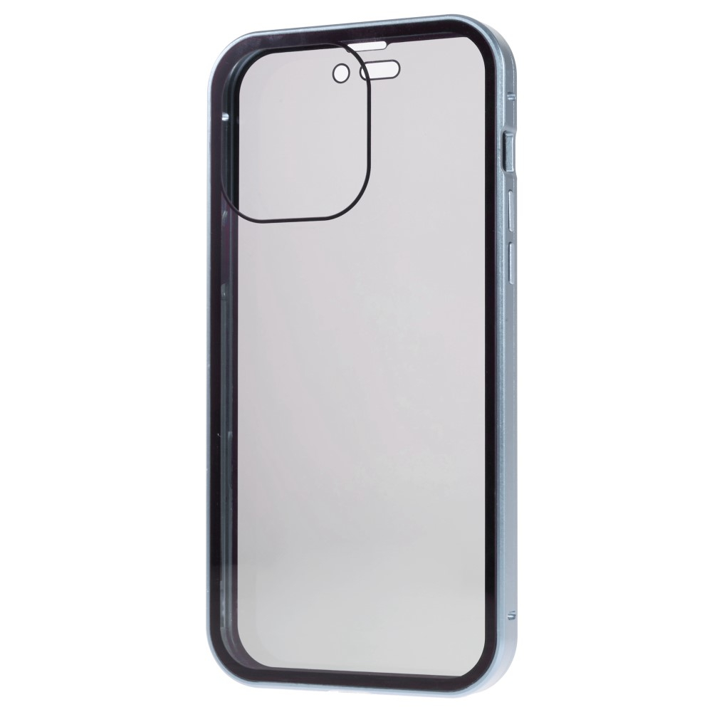 iPhone 14 Pro Magnetische Alu Schutzhülle mit Panzer Glas Backcover   Privacy Glas Displayschutz (Magnet-Technologie) - Hellblau