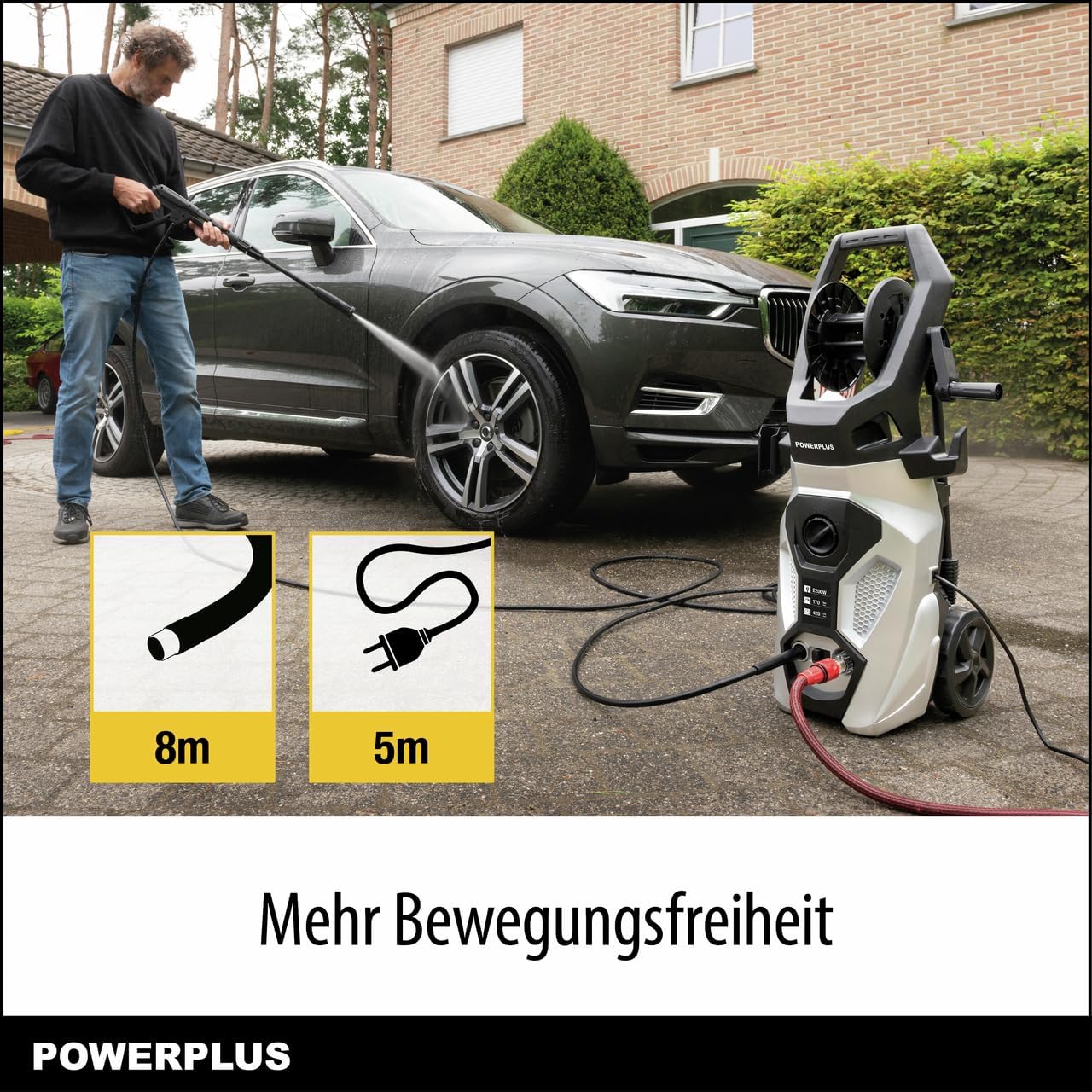 Powerplus Elektrischer Hochdruckreiniger POWXG90504-2200 Watt Terrassenreiniger, Start/Stopp-Funktion, Max. 170 Bar Druck und 50°C Temperatur, 8 m Schlauch und Zubehör inbegriffen