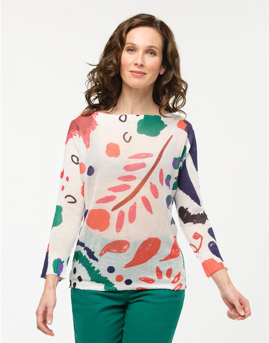 Pull blanc à motifs