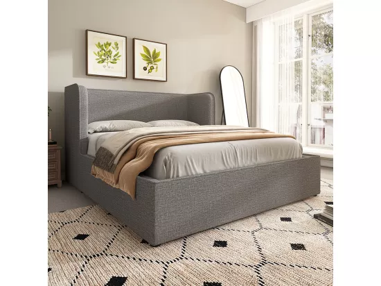 Lit double capitonné 160 x 200 avec larges étagères latérales et housse de sommier amovible, lin, gris