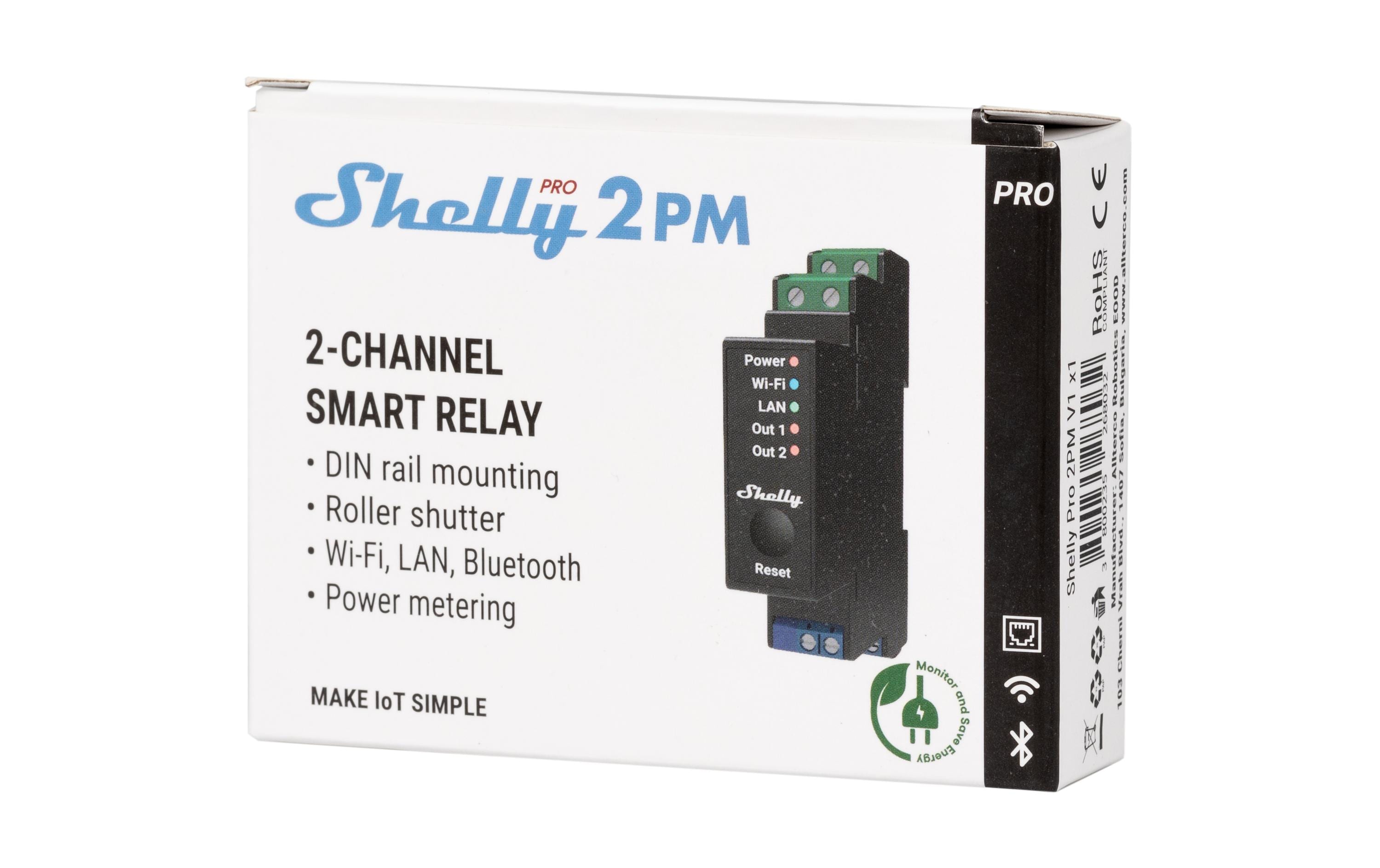 WLAN-Schaltaktor Shelly Pro 2PM mit LeistungsmessungDIN-Rail-WiFi-Switch mit Leistungsmessung, IP-Relais mit Shelly Pro AddOn Schnittstelle