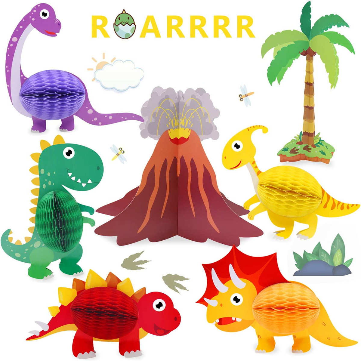 (7-tlg. Set) Papier Waben Aufsteller Kinder Geburtstags Party Tisch Deko - Dinosaurier