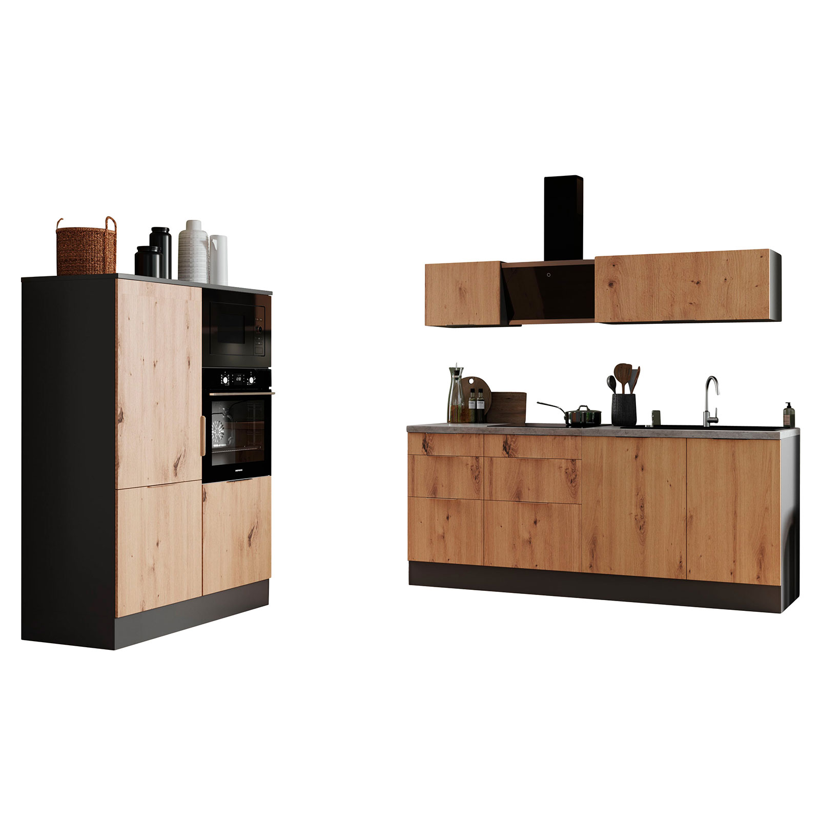 RESPEKTA Küchenblock - Artisan Eiche -grau matt - mit E-Geräten - 340 cm