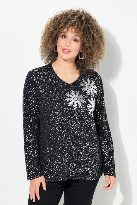 Sweatshirt, Schneeflocken, V-Ausschnitt, Langarm