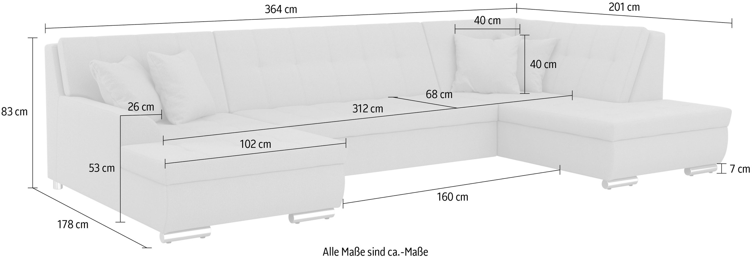 DOMO collection Wohnlandschaft »Treviso incl. Zierkissen, moderne Steppung, XXL: B/T/H: 364/201/83 cm« wahlweise mit Bettfunktion, in vielen Bezugsarten auch in Cord  U-Form