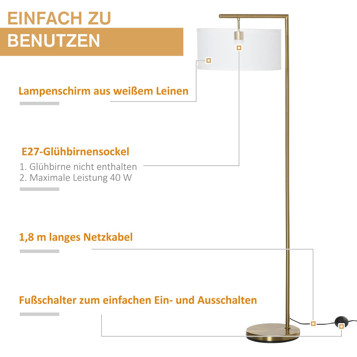 HOMCOM staande lamp, 47 x 37 x 153 cm, linnen, goud+wit