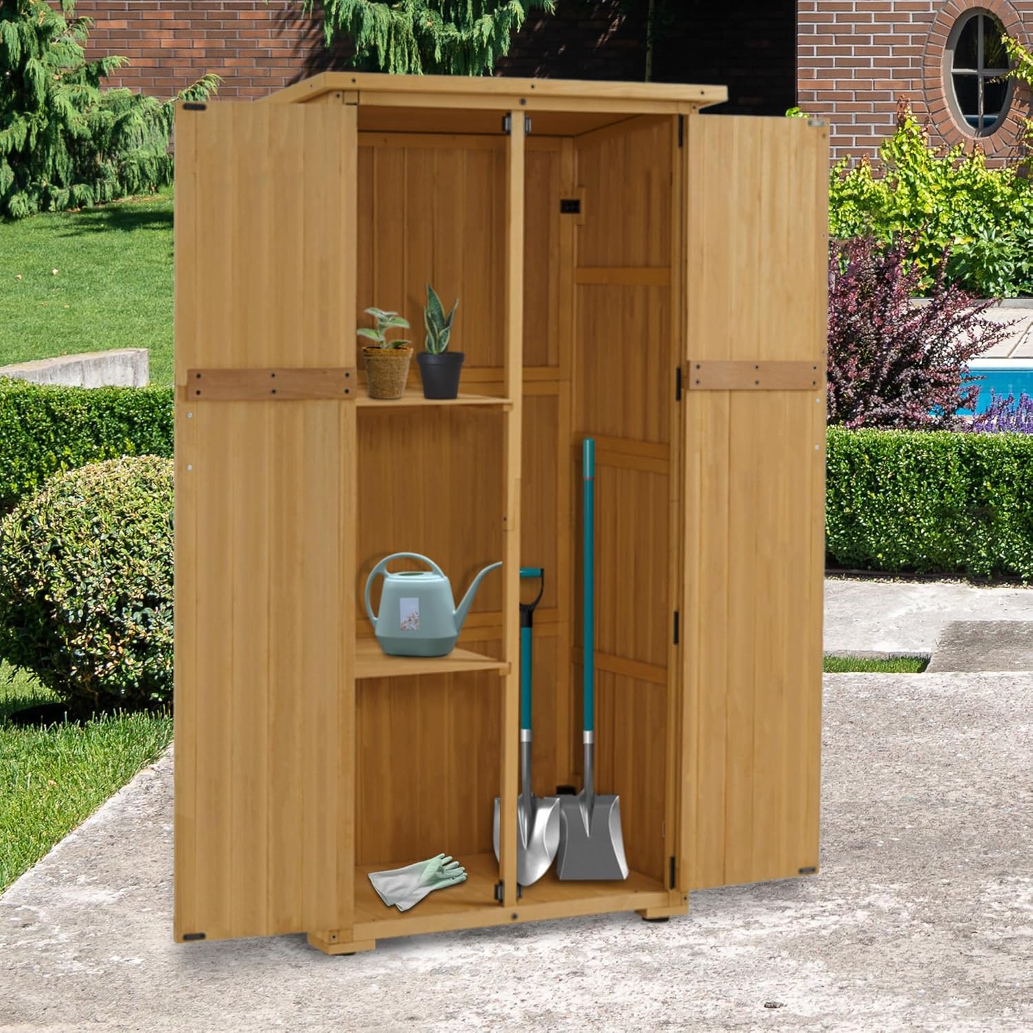 M MCombo Holz Gartenschrank, Outdoor Gerätehaus Geräteschuppen, Gartenhaus Klein Wetterfest, für Außenbereich Balkon Terrasse, 55×90×169cm, 0878 (Natur)