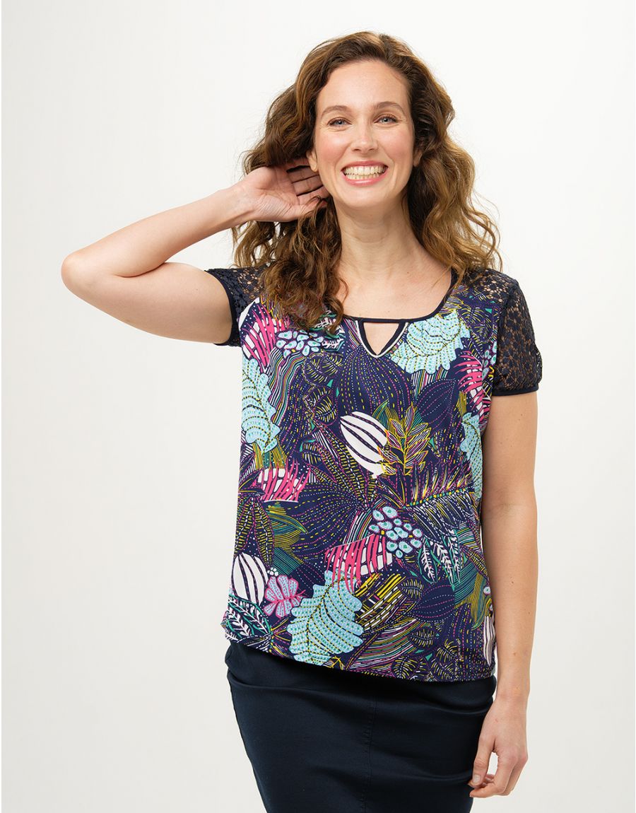 T-shirt fleurs bi-matière