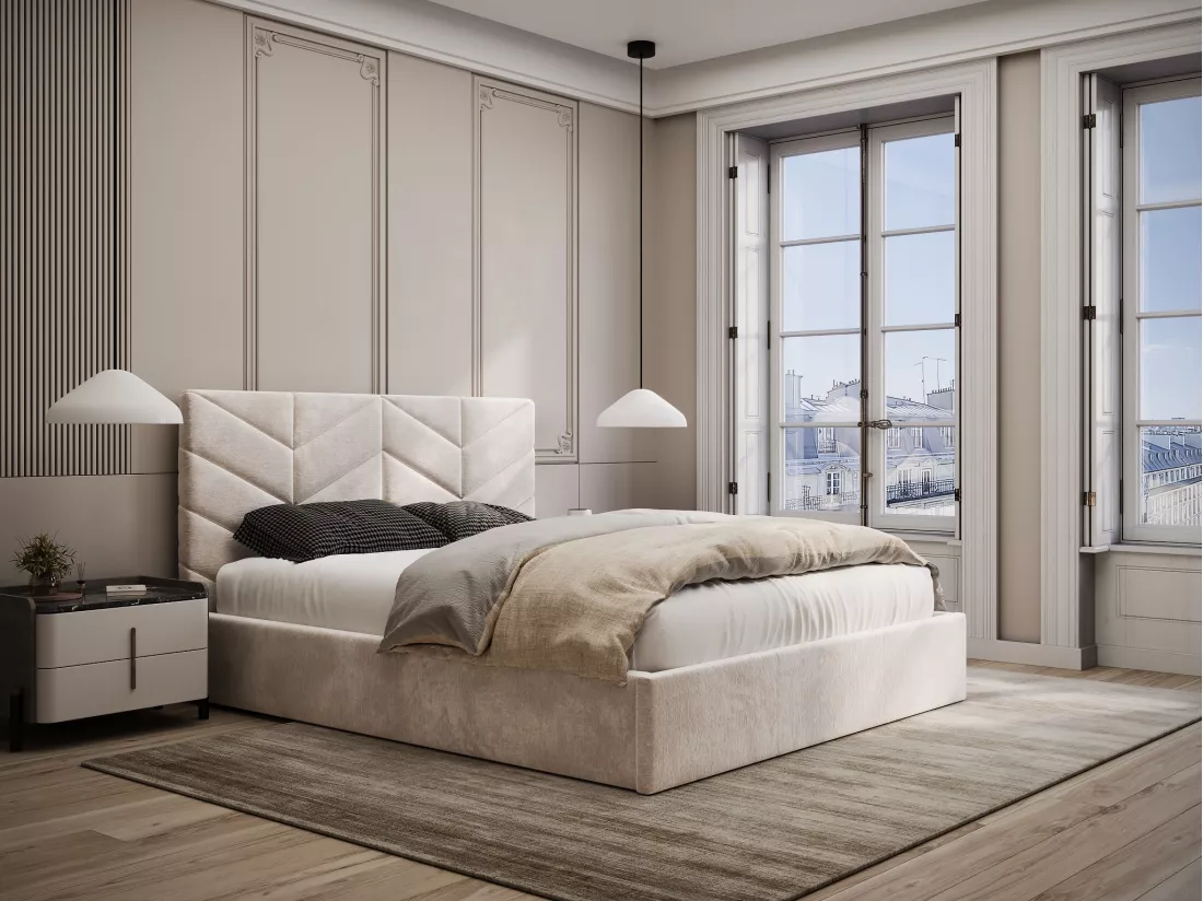 Lit coffre 180 x 200 cm - Tissu texturé - Crème + Matelas - JUSTANI