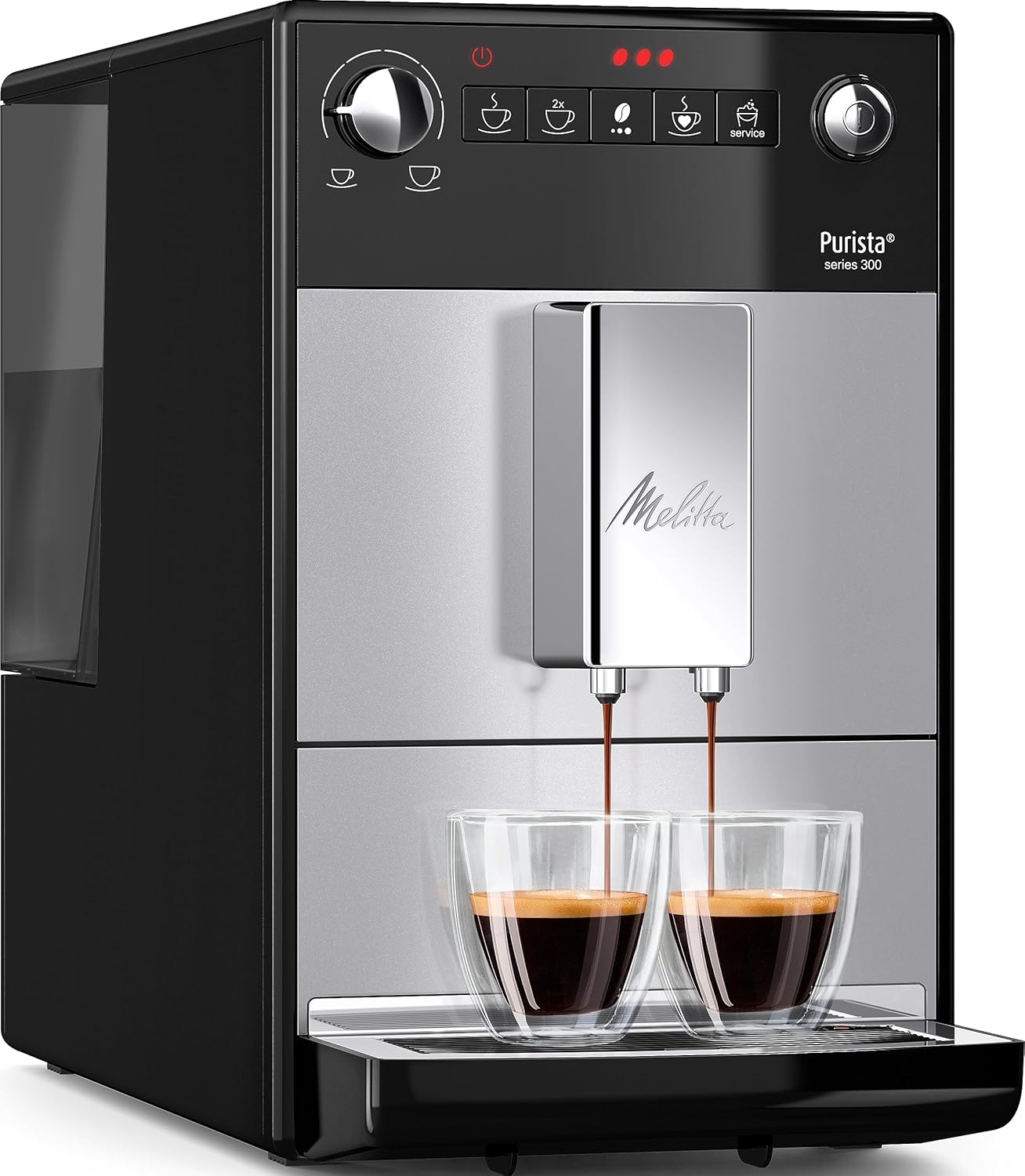 Melitta Purista - Kaffeevollautomat mit Lieblingskaffee-Funktion, Kaffeemaschine mit Mahlwerk und 5-stufig verstellbarem Mahlgrad, für Kaffee und Espresso, silber/schwarz