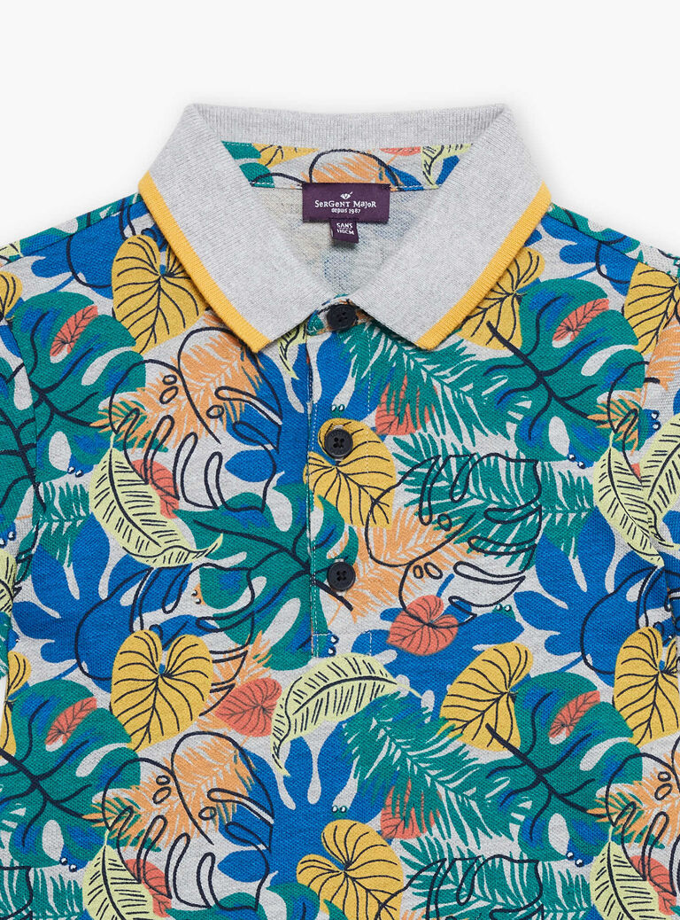 Polo gris à imprimé feuilles tropicales