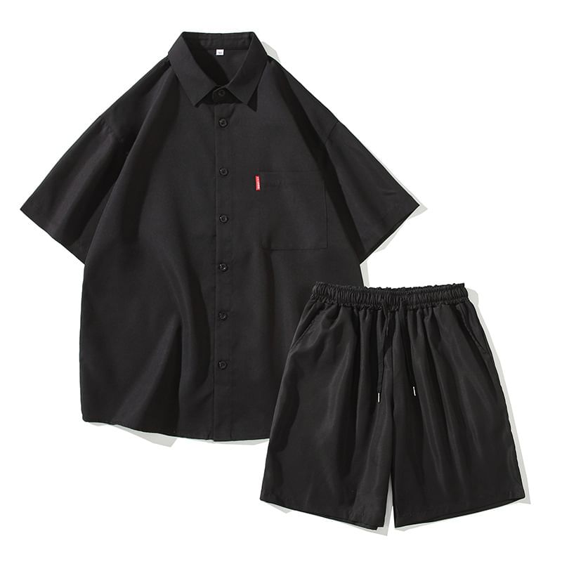 Blueforce - Set: Kortmouw overhemd met kraag en effen kleur + Shorts met trekkoord in de taille