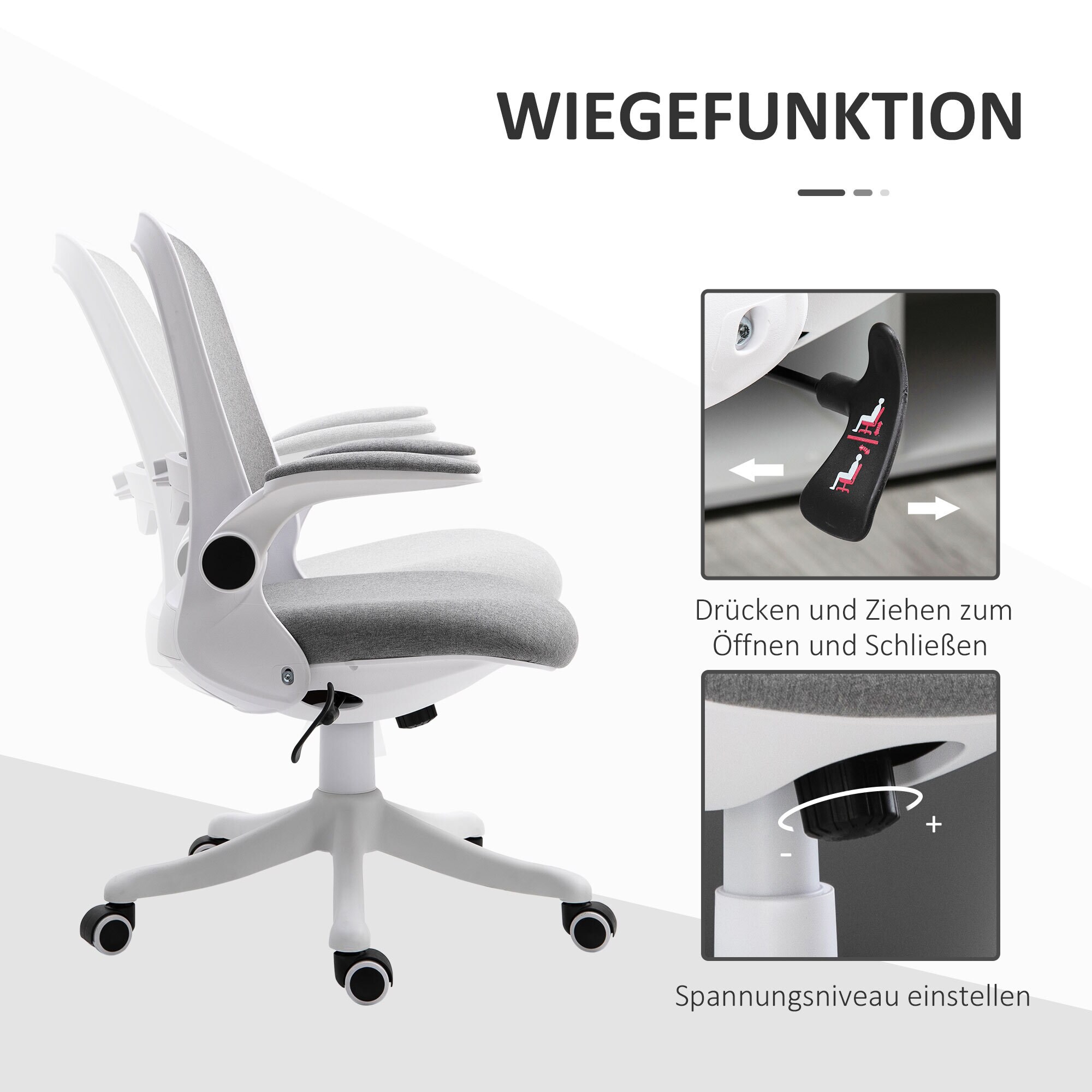 Vinsetto Bürostuhl mit Wippfunktion höhenverstellbar Grau+Weiß 62,5 x 60 x 90-98 cm (BxTxH)