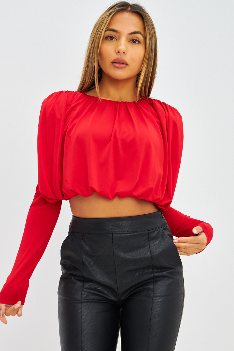 Crop top drapé à épaulettes rouge