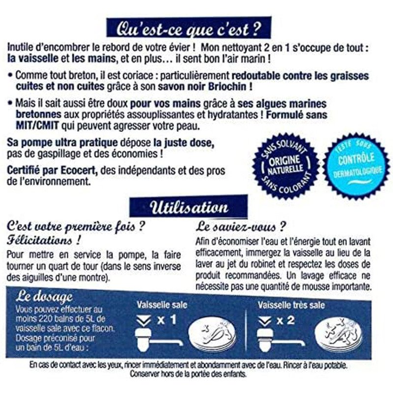 Liquide vaisselle mains Briochin Savon noir & Algues marines – Flacon de 500 ml