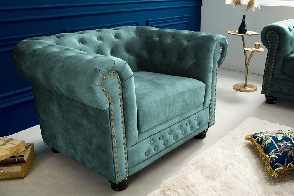 Barocker Sessel CHESTERFIELD petrol Samt Federkern goldene Nieten mit Knopfheftung