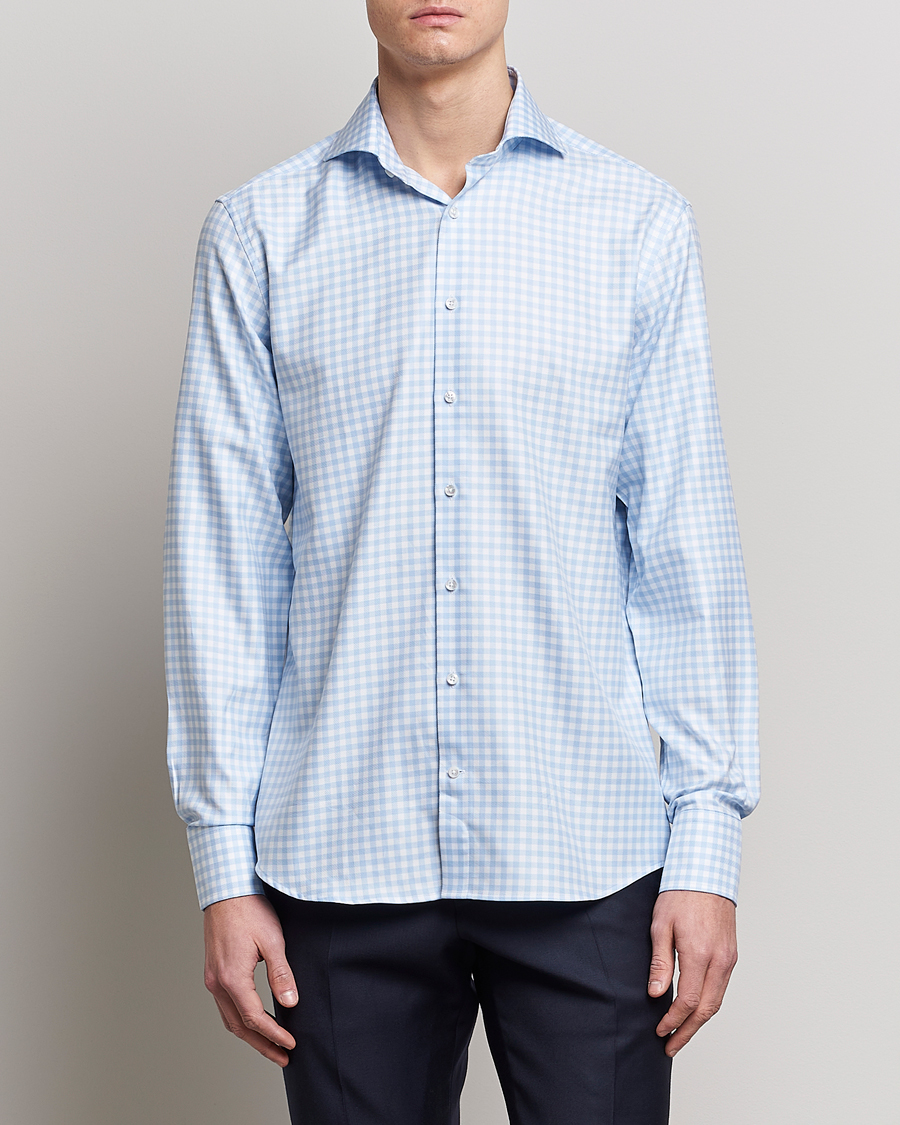 Stenströms Fitted Body Checked Cut Away Shirt Light Blue