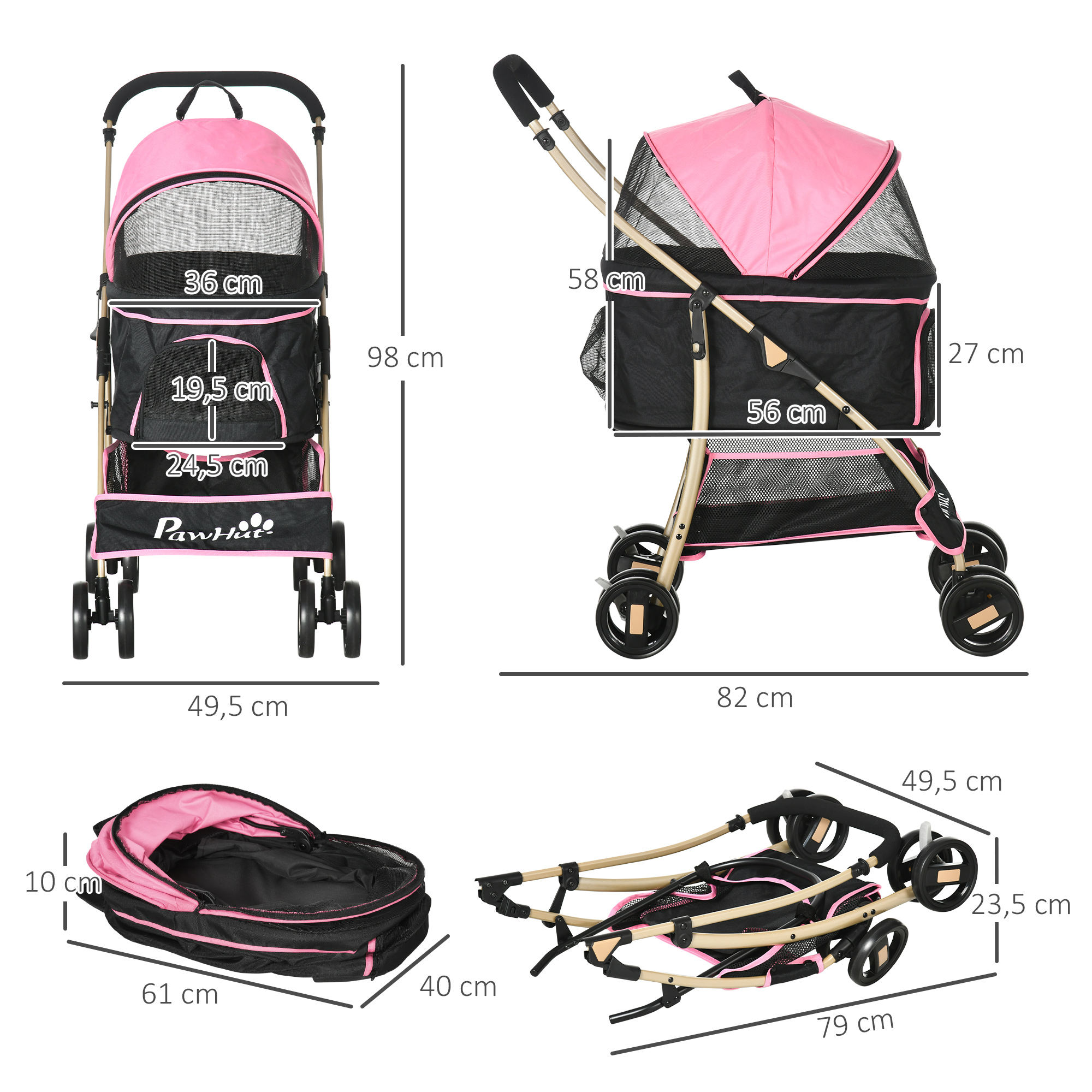 Carrinho de passeio 3 em 1 PawHut para animais de estimação, transporte para cães e gatos, bolsa dobrável removível com cesto de armazenamento e freios, tecido Oxford 600D, capacidade de carga de 15 kg, 82 x 49,5 x 98 cm, rosa