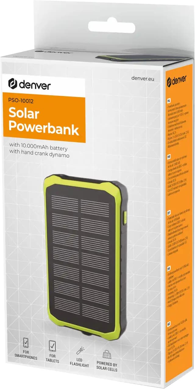 Denver 10000mAh solcelle powerbank med håndsving (sort/grøn)