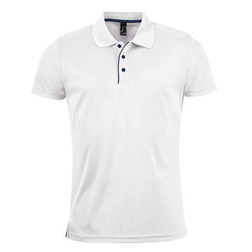 Polo esportiva de manga curta 100% poliéster premium.