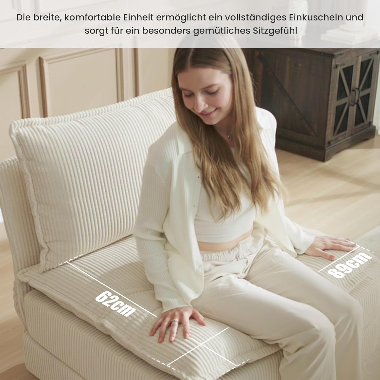 APICIZON Sofa mit Schlaffunktion, Cloud Couch, Sofa L Form, Eckcouch-275x132x80cm, Sofas XXL, Wohnzimmer Cord Schlafcouch, Seitliche Magazin-Aufbewahrungstasche, Beige