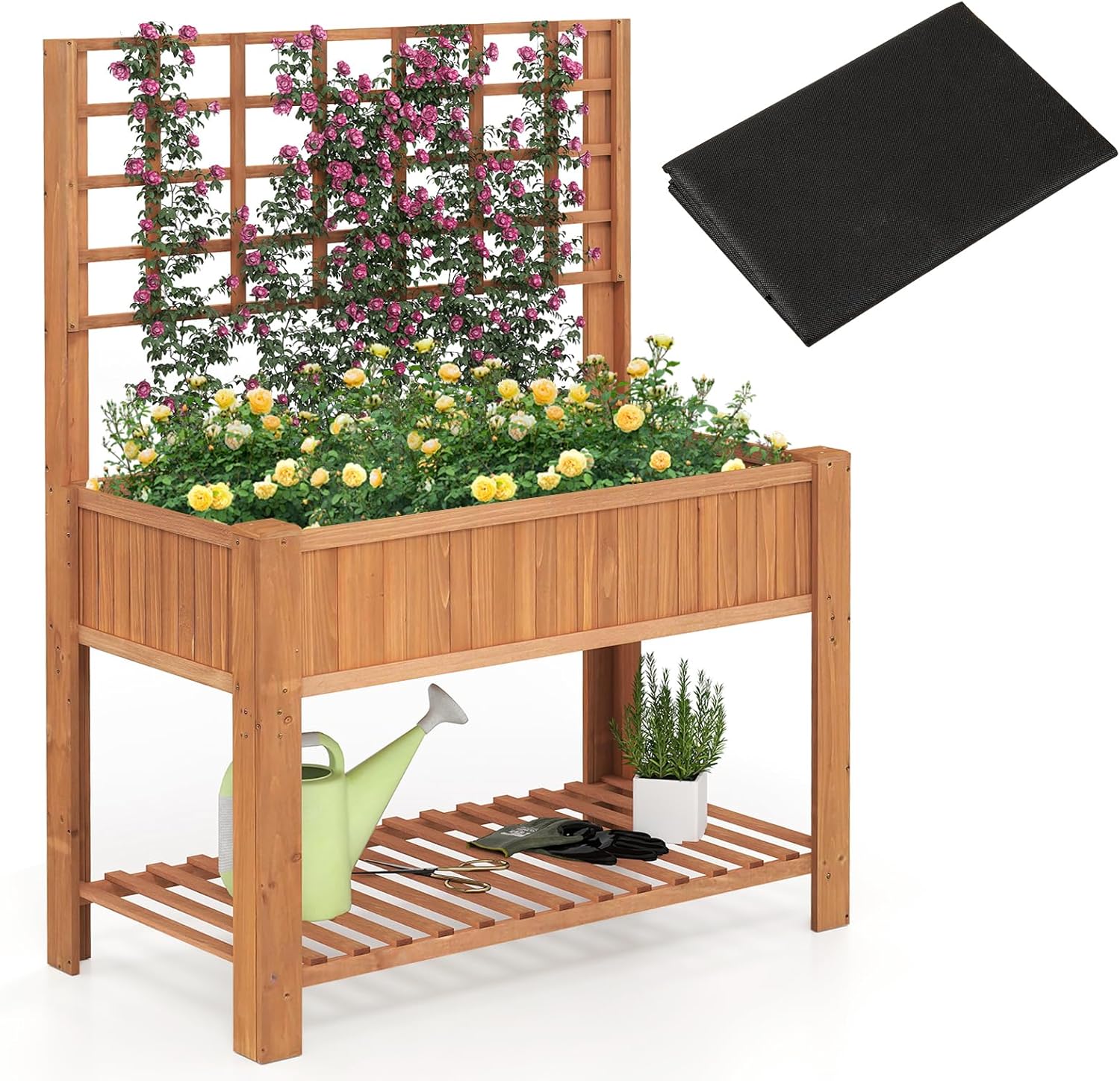 COSTWAY Hochbeet mit Spalier und Ablage, Blumenbeet mit Ablauflöchern, Gartenbeet Pflanzkasten Holz, Blumenkasten mit Rankgitter für Kletterpflanzen, Garten Balkon Terrasse, 116 x 59 x 150 cm (Braun)