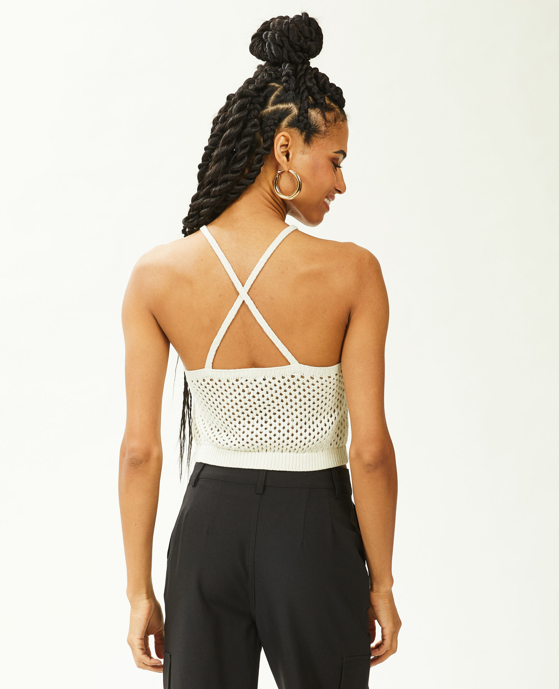 Top en maille ajourée bretelles croisées - Beige