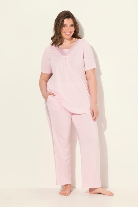 Pyjama, Satindetails, V-Ausschnitt, Halbarm