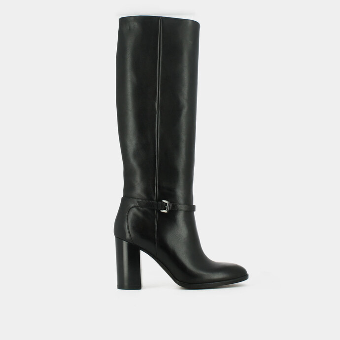 Bottes à talons et boucles argentées  en cuir noir