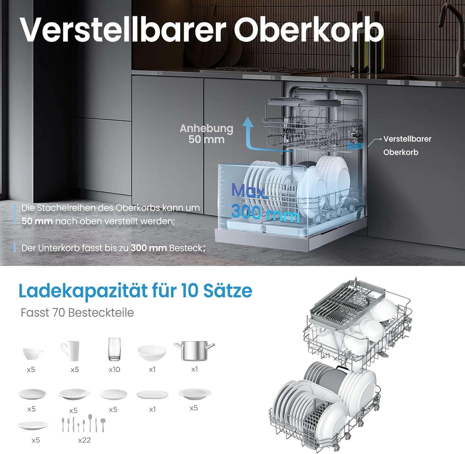 Midea MDWEU1036WSS Geschirrspüler 45cm Unterbau, 10 MGD, 44 dB, Spülmaschine 45 cm Teilintegrierbar, Home Connect, AutoOpen dry, Startverzögerung, 7 Programme, Hygienepflege+, Maschinenpflege+